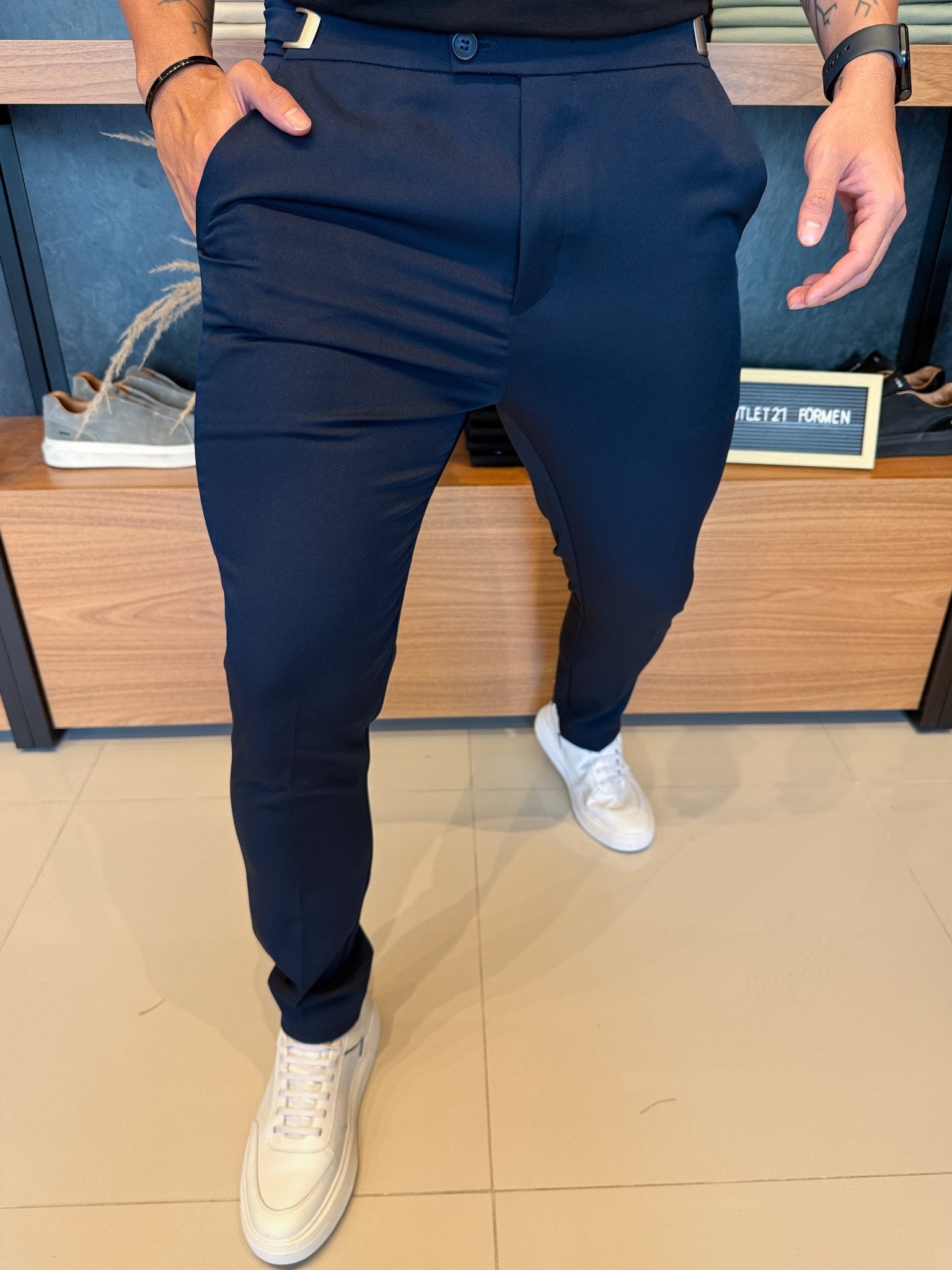 Calça Italiana Alfaitaria Marinho C/ Ajuste Fivela Lateral