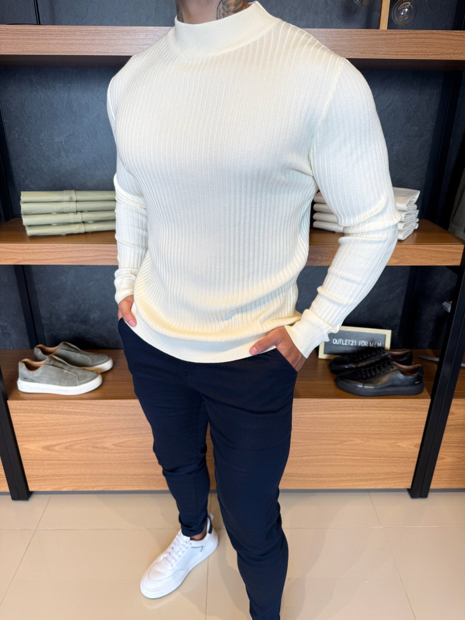 Suéter Canelado Lã Nobre Cashmere Gola Média Off White