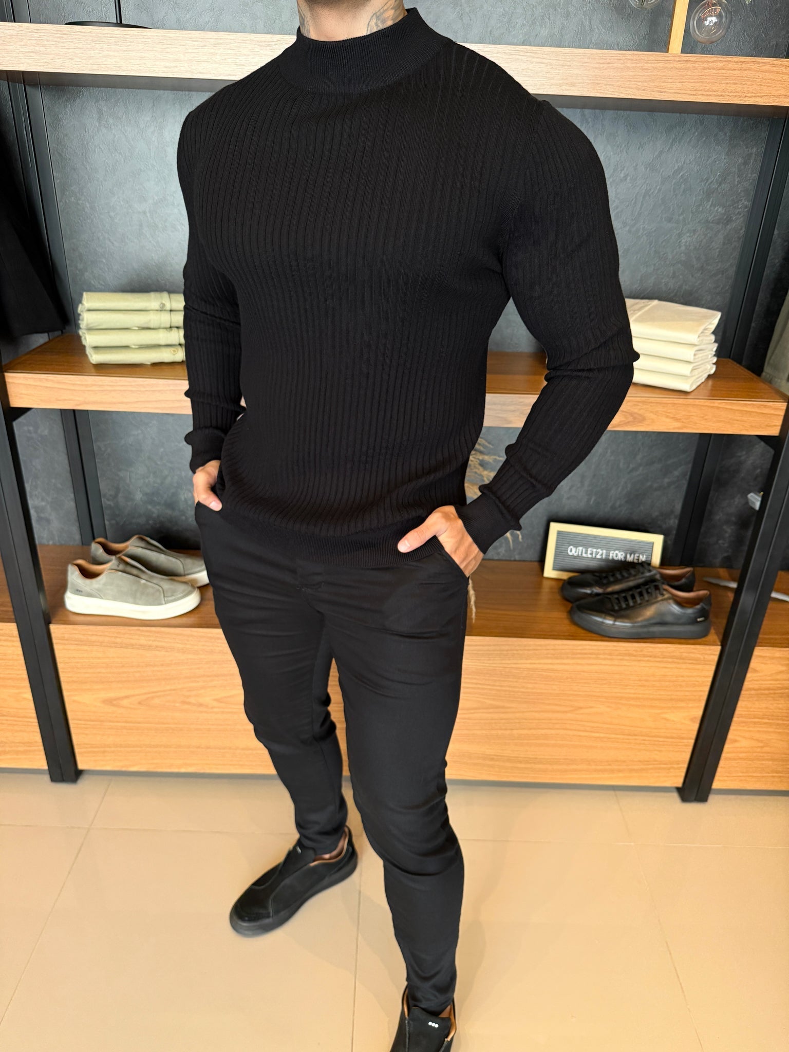 Suéter Canelado Lã Nobre Cashmere Gola Média Preto