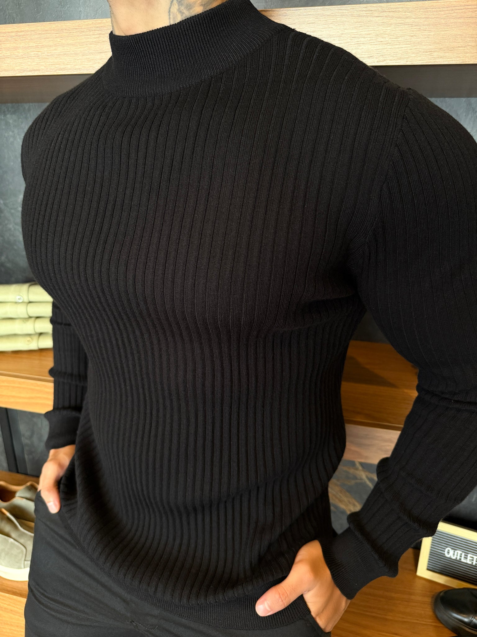 Suéter Canelado Lã Nobre Cashmere Gola Média Preto