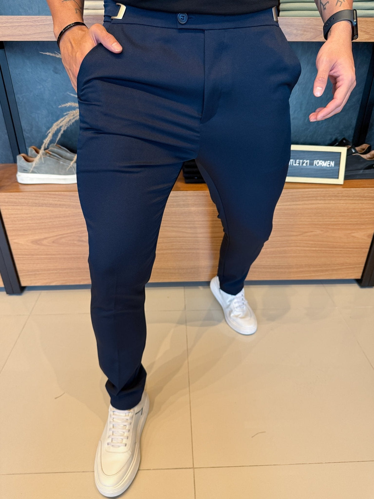 Calça Italiana Alfaitaria Marinho C/ Ajuste Fivela Lateral