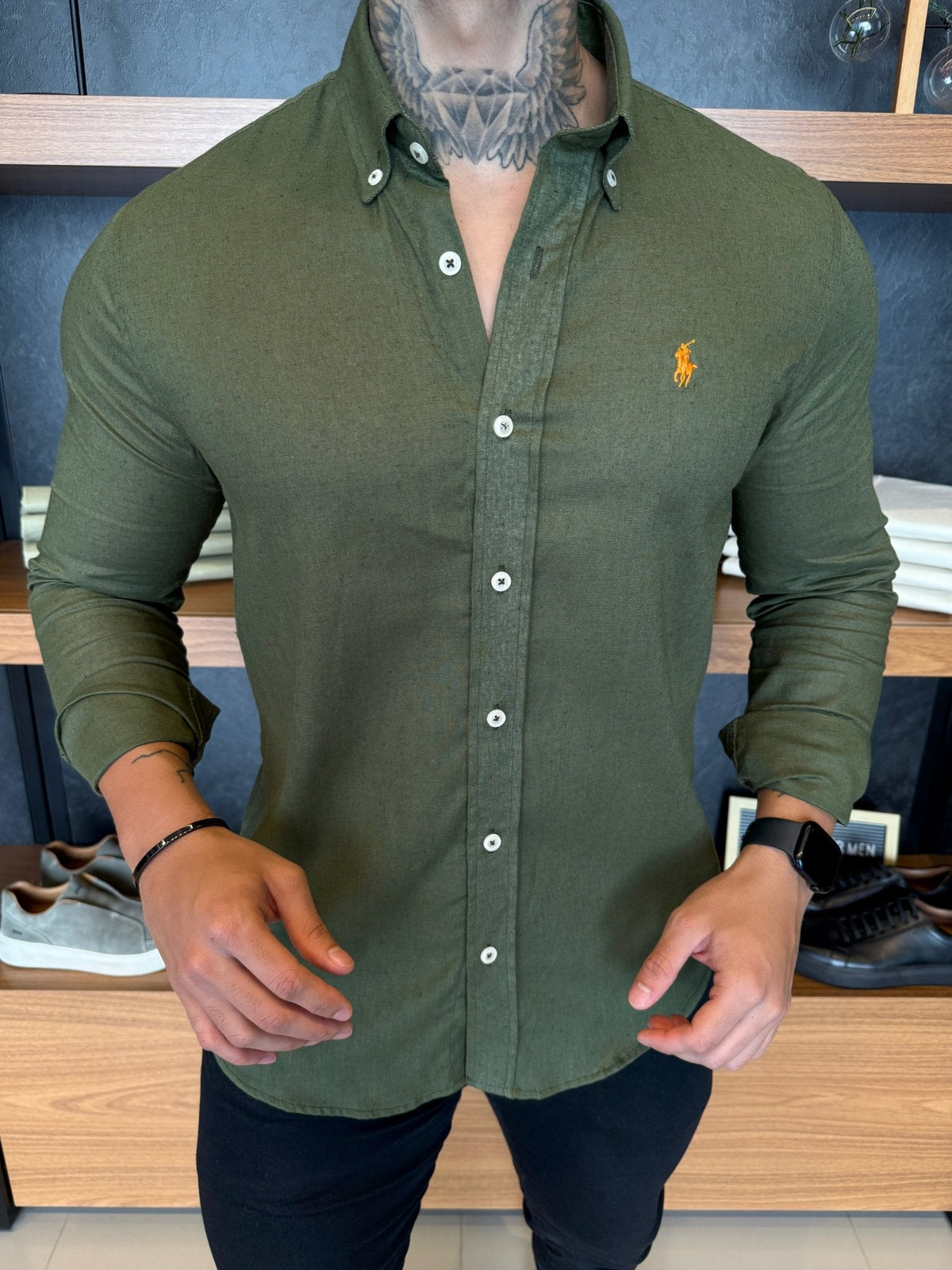 Camisa Polo Ralph Linho Verde Logo Laranja