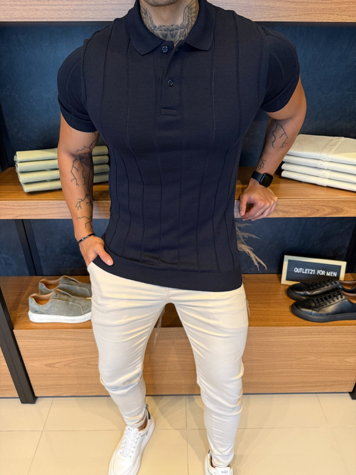 Polo Rivier Tricot Marinho Listras Minimalista