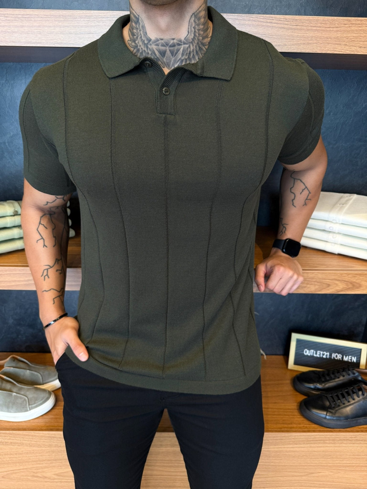 Polo Rivier Tricot Verde Listras Minimalista